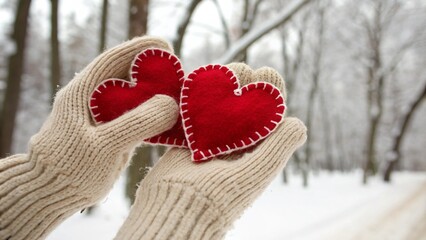 Fototapeta premium Two red felt hearts with white snowflake stitching held in gloved hands in a snowy winter forest. A warm and festive scene symbolizing love and seasonal holiday spirit.