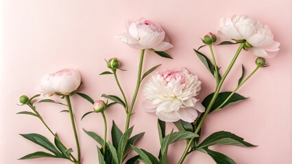 Obraz premium Soft pink and white peonies with lush green leaves arranged on a pastel pink background. A graceful floral design capturing the beauty of nature and springtime charm.