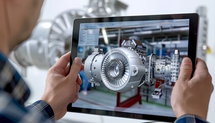 Factory Digitalization: Two Industrial Engineers Use Tablet Computer, Visualize 3D Model of Clean Green Energy Engine