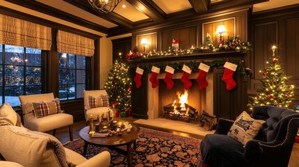 Cozy Living Room with Christmas Stockings by the Fireplace