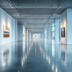 Minimalist white gallery interior with spotlights, ideal for showcasing modern art pieces