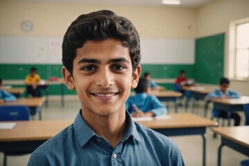 Obraz premium Close portrait of a smiling young Saudi male elegant primary school student standing and looking at the camera, indoors almost empty classroom blurred background