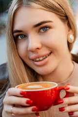 Woman Coffee Red Cup Smiling Portrait