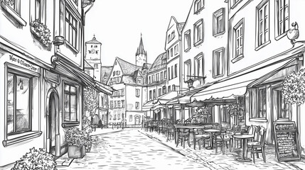 Street with buildings and cafe in old city. Cityscape - houses, buildings on alleyway. Old city view. Medieval European landscape. Urban landscape illustration. Drawn vector sketch