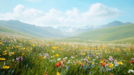 Expansive green field dotted with vibrant wildflowers swaying gently in the breeze under a clear blue sky.