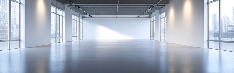 Fototapeta premium Minimalist white gallery interior with spotlights, ideal for showcasing modern art pieces