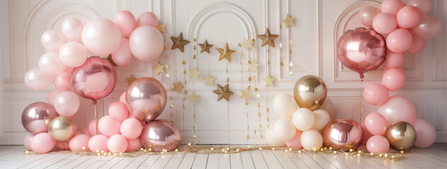Pink and white balloons with metallic gold accents, festive party or wedding backdrop decoration