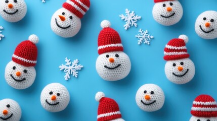 Fabulous Christmas pattern of knitted snowmen and number 2025 on blue background.