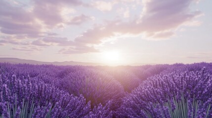 Obraz premium Field of lavender stretching to the horizon, vibrant purple hues contrasting with a bright, sunny sky.