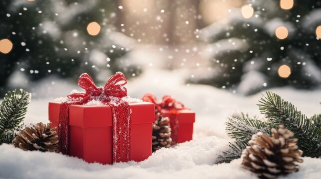 Festive winter scene with red gift boxes, pine cones, and snow, perfect for holiday celebrations and Christmas themes.