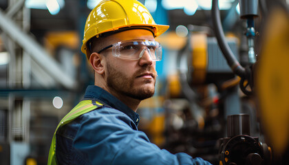 american factory male worker. Engineer man worker in plant production drilling at machine in smart factory wearing yellow hard hat safety first at mechanic factory
