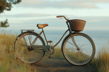 Fototapeta premium Old-fashioned Bicycle with Front Basket on Coastal Trail for Summer Ride