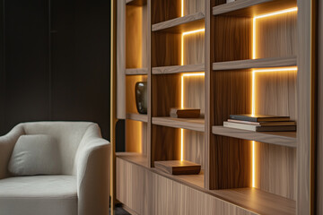 modern wooden bookcase with subtle led lighing