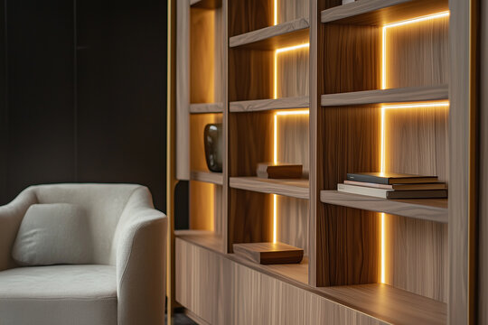 modern wooden bookcase with subtle led lighing