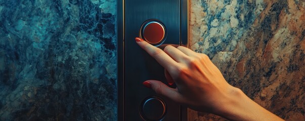A hand pressing an elevator button to go up, a simple yet evocative symbol of ascent and progress.