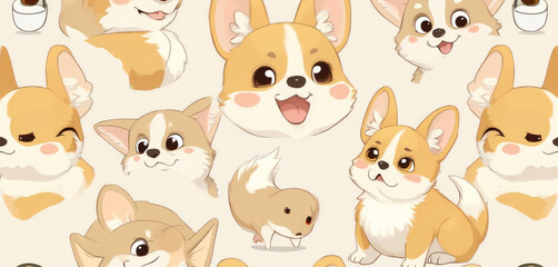 Obraz premium Cartoon Corgis with Heart and Pastel Motifs in a Whimsical Decorative Pattern
