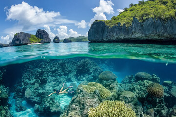 Fototapeta premium Spearfishing in Shallow Coral Lagoon for Underwater Hunting Adventure