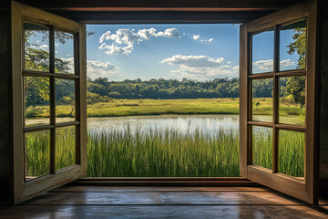 Fototapeta premium Scenic View of Green Wetlands from Eco-Resort for Wildlife Watching