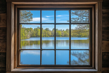 Serene Lake Window View from Rustic Lodge in Wilderness Park Retreat