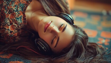 A peaceful image of a beautiful girl lying on the floor, lost in her music with headphones, depicting a personal and intimate moment of enjoyment
