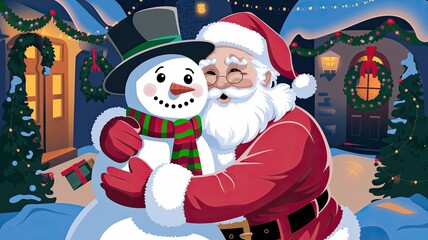 A joyful Santa Claus embraces a cheerful snowman in a festive winter wonderland scene.