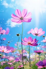 Fototapeta premium Vibrant pink cosmos flowers under clear blue sky with fluffy clouds, capturing essence of summer. Blossoms sway gently in breeze, creating idyllic scene. Ideal for nature, gardening, floral themes.