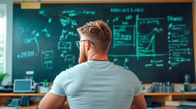 
A man stands in front of a blackboard with question marks and scribbles, trying to figure out the details of his business plan