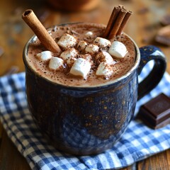 Gourmet hot chocolate with marshmallows in a cozy holiday setting