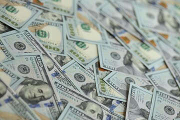 Big amount of american USD hunderd dollar bills banknotes close up
