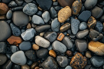 Image of Pile of grey pebble stones. Texture for background usage