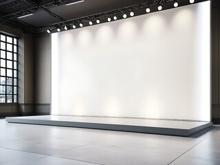 Blank illuminated press wall on stage in modern exhibition hall. 