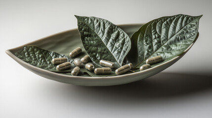 Obraz premium Proszek Kratomu, świeże zielone liście oraz kapsułki, które ilustrują tradycyjne, alternatywne podejście do medycyny.