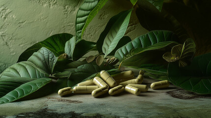 Proszek Kratomu, świeże zielone liście oraz kapsułki, które ilustrują tradycyjne, alternatywne podejście do medycyny.