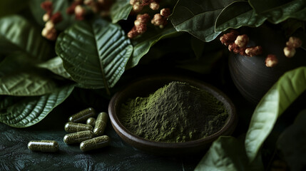 Obraz premium Proszek Kratomu, świeże zielone liście oraz kapsułki, które ilustrują tradycyjne, alternatywne podejście do medycyny.