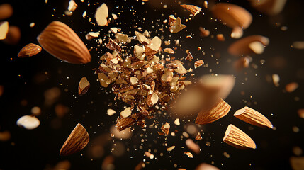 Crushed almonds bursting in mid-air dynamic and detailed
