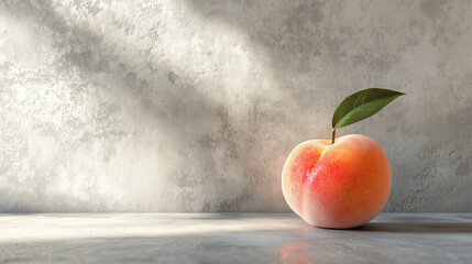 Dojrzała brzoskwinia, która wyróżnia się na tle gładkiej, nieozdobionej ściany, tworząc minimalistyczny obraz pełen harmonii. 