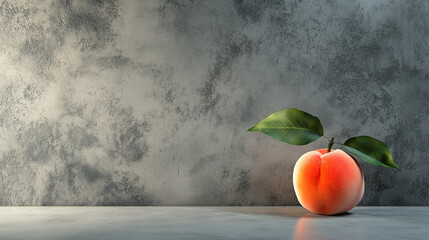 Dojrzała brzoskwinia, która wyróżnia się na tle gładkiej, nieozdobionej ściany, tworząc minimalistyczny obraz pełen harmonii. 