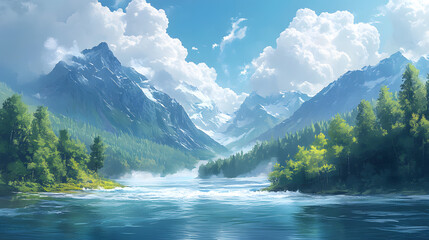 Fototapeta premium Majestic Mountain River with Misty Forest and Dramatic Sky, Serene Wilderness Landscape with Rapids and Dense Trees in Scenic Nature Setting