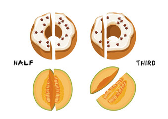 Educational page learning of half and third pieces of objects isolated on white background.
