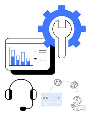 Chart with bar graph, gear and wrench, headset, and financial transaction icons. Ideal for business management, technical support, finance, innovation customer service strategy technology. Line