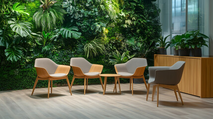 Obraz premium Nowoczesna poczekalnia w biurze wyposażona w eleganckie drewniane krzesła, idealnie przygotowana do rozmów kwalifikacyjnych.