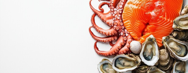 Naklejka premium Fresh seafood assortment with raw salmon, octopus, and oysters on white background for gourmet dishes