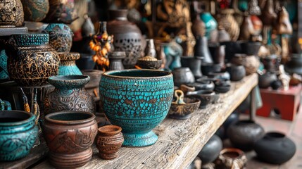 Fototapeta premium Display of handcrafted pottery with intricate patterns