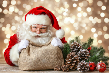 Santa Claus, surrounded by festive lights and decorations, picking up his heavy gift bag, ready for Christmas Eve
