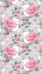 Naklejka premium Cartoon Bunnies and Roses in a Whimsical Floral Pattern