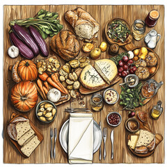 Fototapeta premium A rustic wooden table is laden with an abundance of fresh, seasonal produce, baked goods, and cheese, creating a mouthwatering spread for a celebratory meal.