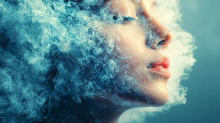 Fototapeta premium Close-up of woman's face immersed in blue smoke