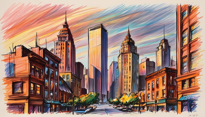Fototapeta premium Vibrant City Illustration with Skyscrapers and Colorful Sky
