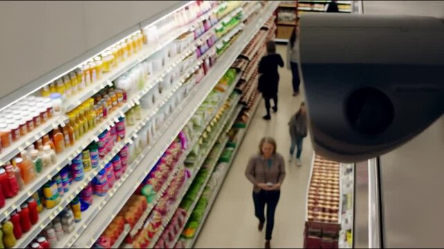 A modern, unobtrusive security camera placed above a vibrant supermarket aisle, capturing the store&rsquo;s organized shelves and shoppers.