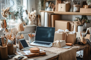 Solo Entrepreneur working from Home Surrounded by Products and Packaging
